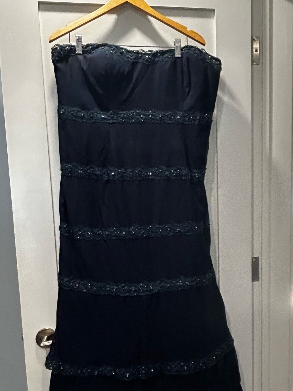 CM Couture Strapless Deep Navy Evening gown (maxi) with Beaded Tiers. Full skirt